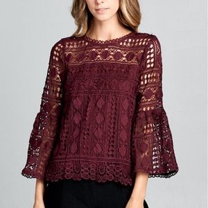 Last 1! NWT Burgundy Lace Top with Bell Sleeves